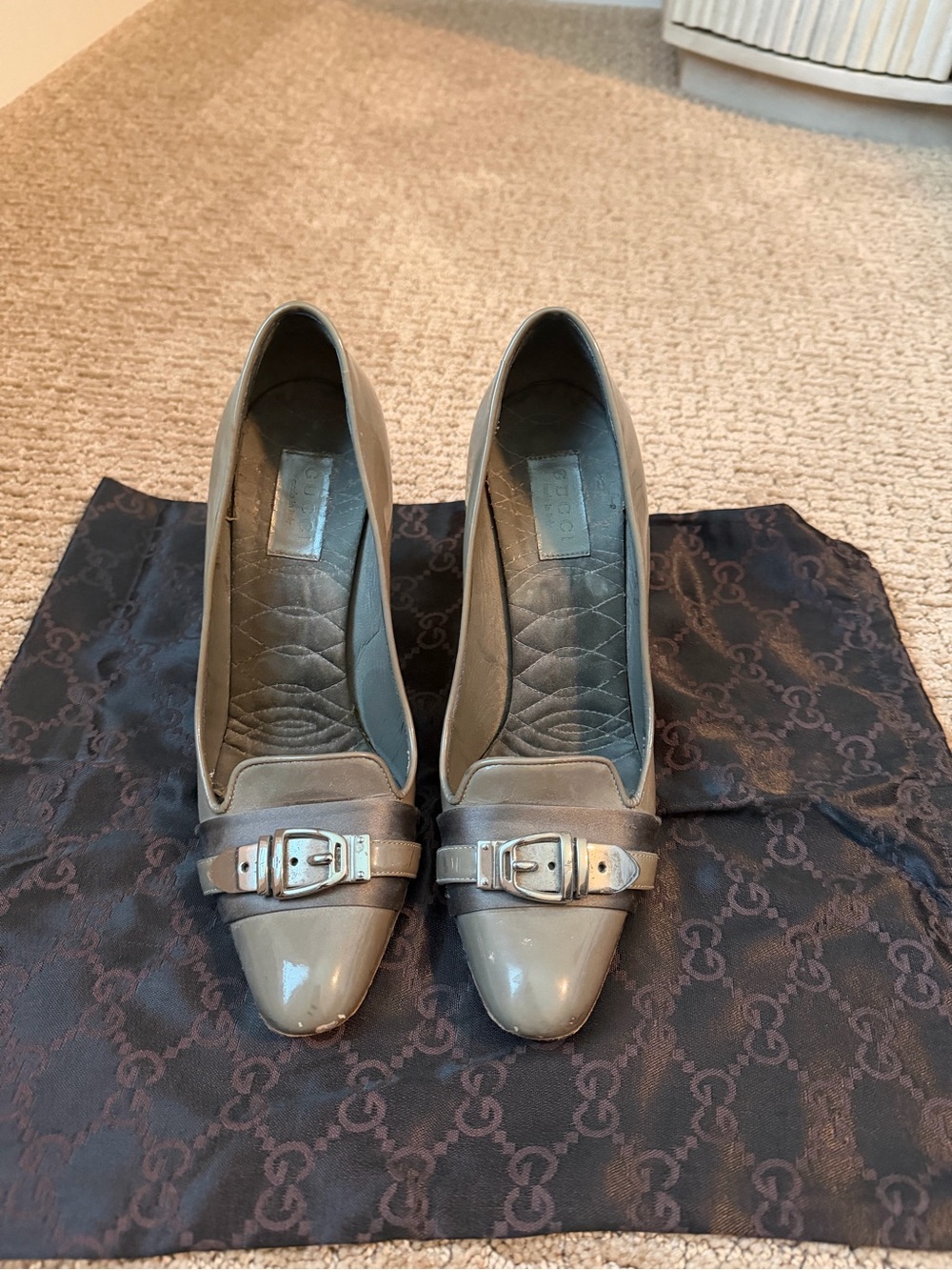 Gucci Taupe Patent Buckle Pumps (2003)